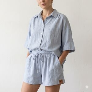 Light Blue 100% Cotton Relaxed Shirt & Shorts Set XL, Resortwear, Beachie, Boho